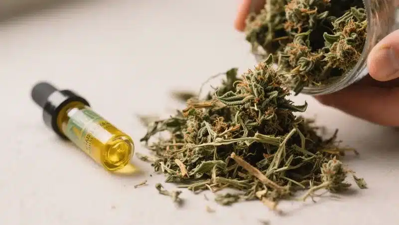 Bruce Banner x Grapefruit Regular buds next to premium cannabis oil, highlighting its fruity aroma and uplifting, energizing effects.