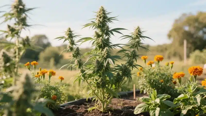 Bruce Banner x Kali Mist growing outdoors beside marigolds, showing strong sativa structure, pest resistance and organic cultivation.