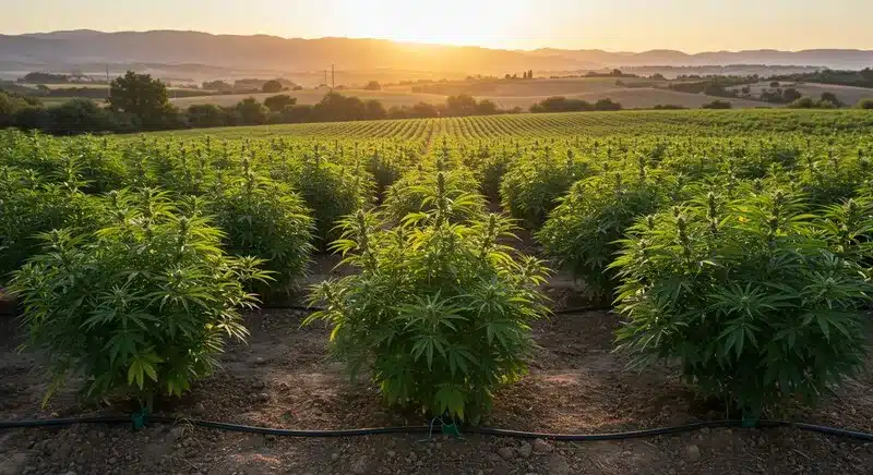 Great White Shark Autoflower plants growing in an open field under the warm sunset, showing growth and dense, resin-coated buds outdoors.