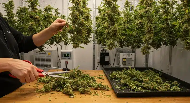 Great White Shark Regular buds being trimmed indoors, showcasing dense, resinous flowers with strong aroma and balanced indica-dominant genetics.