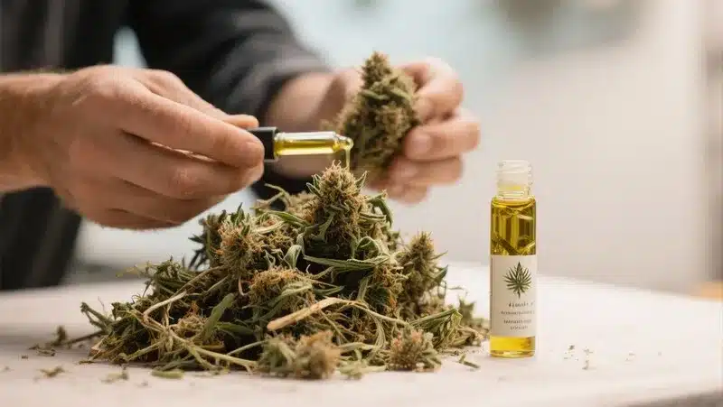 Green Crack x AK47 buds with a cannabis extract dropper, highlighting the strain’s high THC content, energizing effects, and strong citrus aroma.