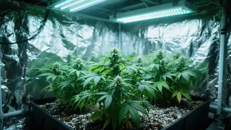 Green Crack x Core plants developing under LED lighting in an indoor reflective tent, showing strong growth and green foliage for optimal yields.