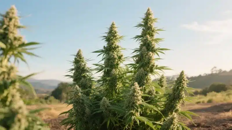 Green Crack x Core thriving outdoors under the sun, producing tall, resin-coated colas with effects and sweet tropical scent.