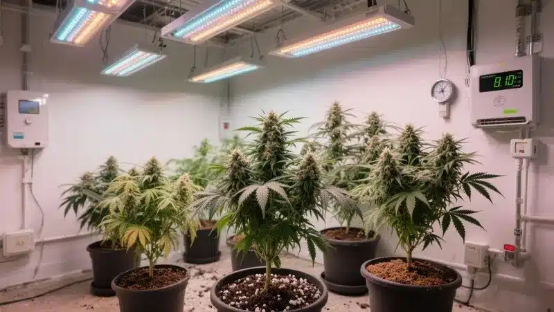 Glookies Weed Autoflower plants growing in a climate-controlled indoor setup with ventilation fans and humidity domes for optimal autoflowering growth.