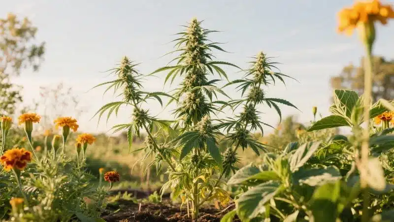 CBD Critical Mass Auto growing outdoors beside marigolds, showcasing structure, pest resistance, and high CBD-rich flower development.