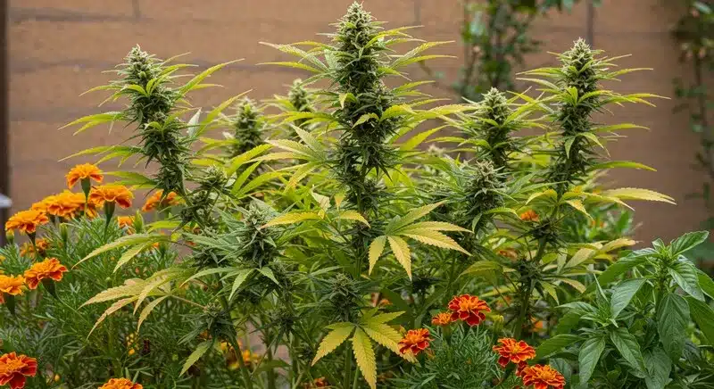 Bruce Banner x Tropi BCN Regular growing outdoors beside marigolds, showing healthy, tall plants with vibrant green foliage and tropical aroma.