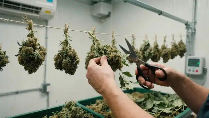 Green Crack x AK47 buds being trimmed and dried indoors, showing dense flowers with high resin output and fruity, skunky aroma.