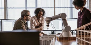 A diverse team of engineers collaborating around an advanced robotic arm in a modern lab.