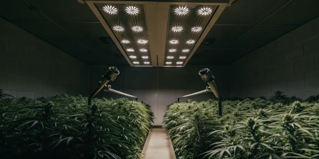 AI-controlled cannabis grow room featuring LED lighting panels and automated side-mounted irrigation arms.