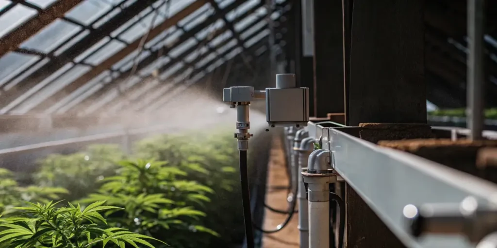 AI-powered nutrient distribution system spraying water over cannabis plants inside a modern greenhouse.