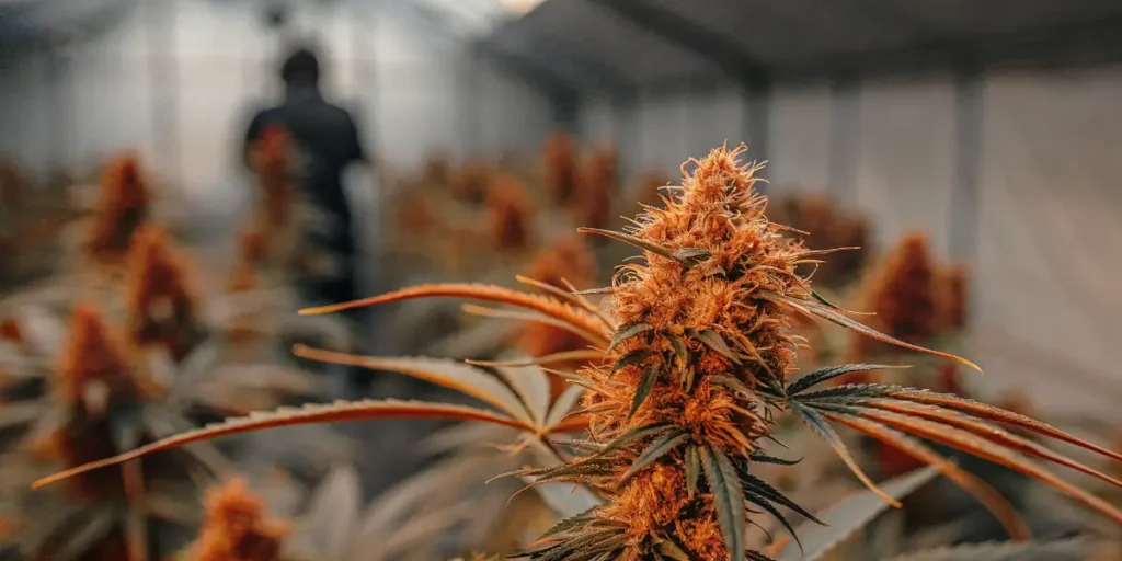 Close-up of an amber-colored cannabis cola in an indoor grow room, showing dense buds and vibrant orange pistils.