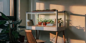 Modern desk setup with the Annaboto grow system featuring potted plants under LED lights in a bright living space.