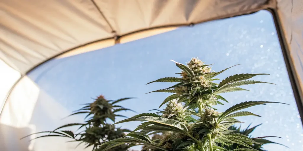 Autoflower cannabis cola growing upward under a grow tent roof with bright natural light.