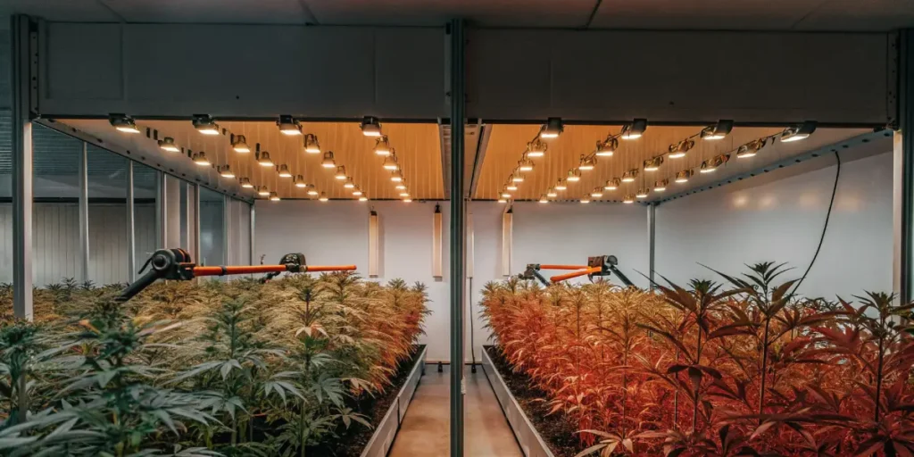 Automated cannabis grow room with dual-spectrum LED lighting and AI-driven irrigation systems.
