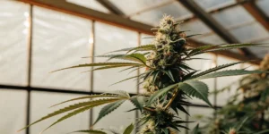 Blooming cannabis cola with resinous buds inside a greenhouse environment.
