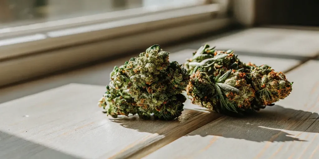 Sunlit cannabis buds lying on a wooden surface near a window, highlighting their frosty trichomes and orange pistils.