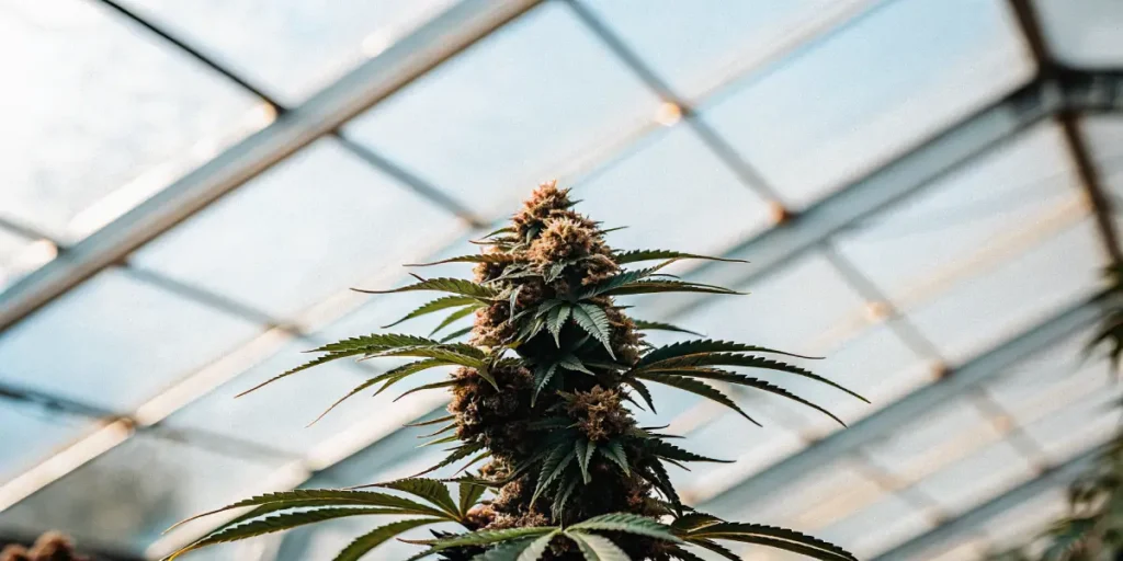 Cannabis cola growing upward under a greenhouse roof, showing dense buds and healthy green leaves in natural light.