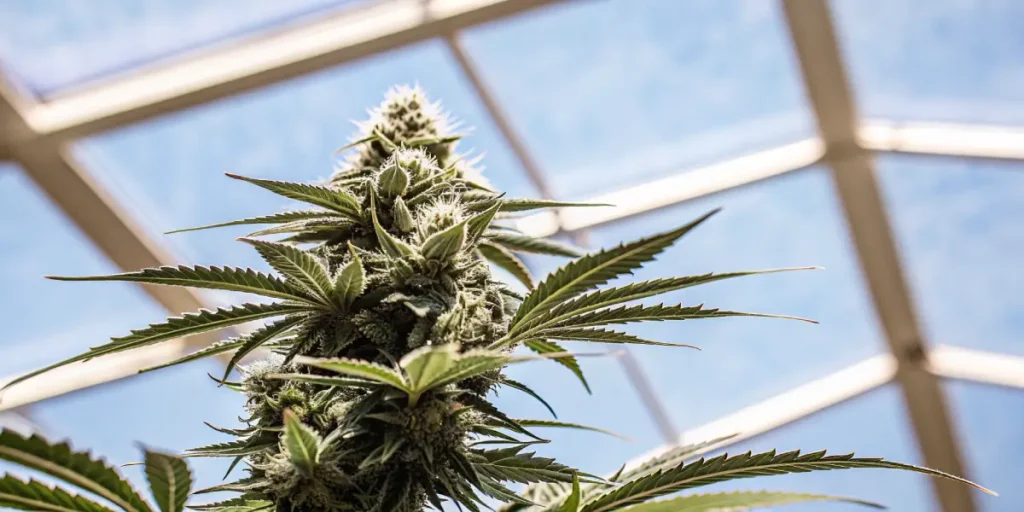 Cannabis cola reaching toward a glass greenhouse roof, showing dense buds and serrated leaves in bright daylight.