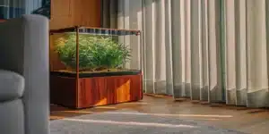 Compact wooden cannabis grow box with glass enclosure placed in a sunlit modern living room.