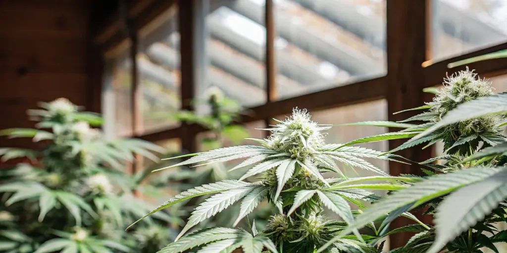 Cannabis plant in flowering stage growing inside a greenhouse, with dense buds and green leaves under natural light.
