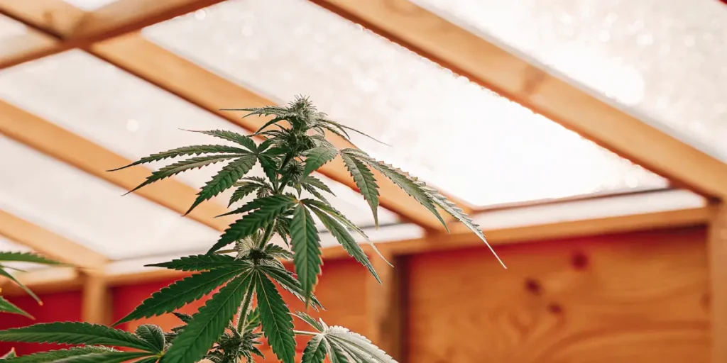 Cannabis plant flowering inside a wooden greenhouse, with green serrated leaves and bright overhead light.
