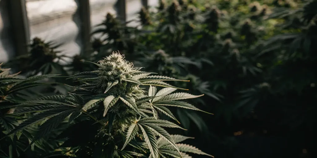 Close-up of a mature cannabis bud growing inside a greenhouse with soft natural lighting.