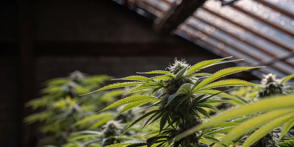 Cannabis plant growing inside a wooden greenhouse, with healthy green leaves and developing buds under filtered light.