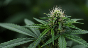 Cannabis plant pathogenic fungi damage with stressed leaves and visible infection signs.