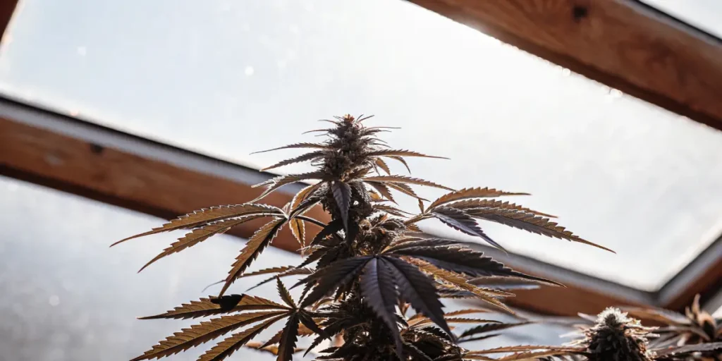 Cannabis plant with dark-toned leaves and developing buds growing under a glass greenhouse roof.