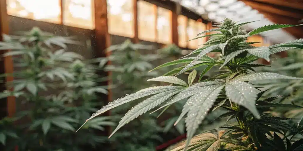 Cannabis plant leaves covered with dew inside a greenhouse, showing healthy growth and rich green texture.