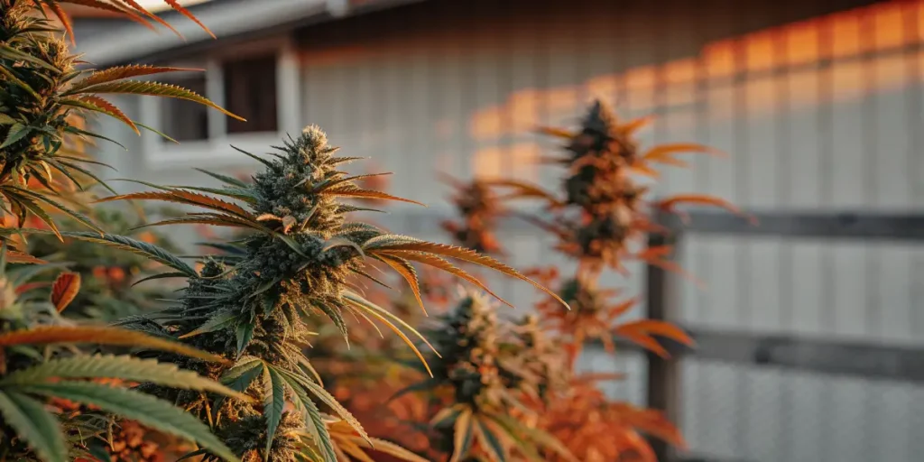 Cannabis plants flowering outdoors at sunset, with warm orange light enhancing bud structure and leaf color.