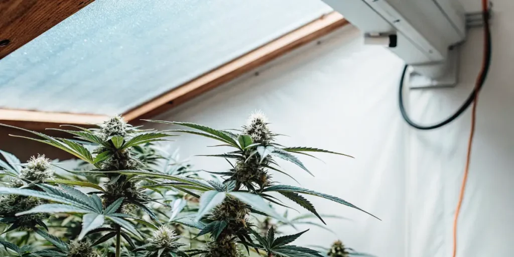 Healthy cannabis plants in an indoor grow setup placed beneath a skylight for natural supplemental lighting.