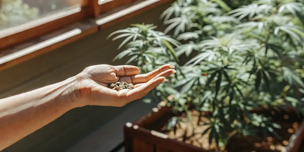 Hand holding cannabis seeds in a greenhouse with young plants growing in the background