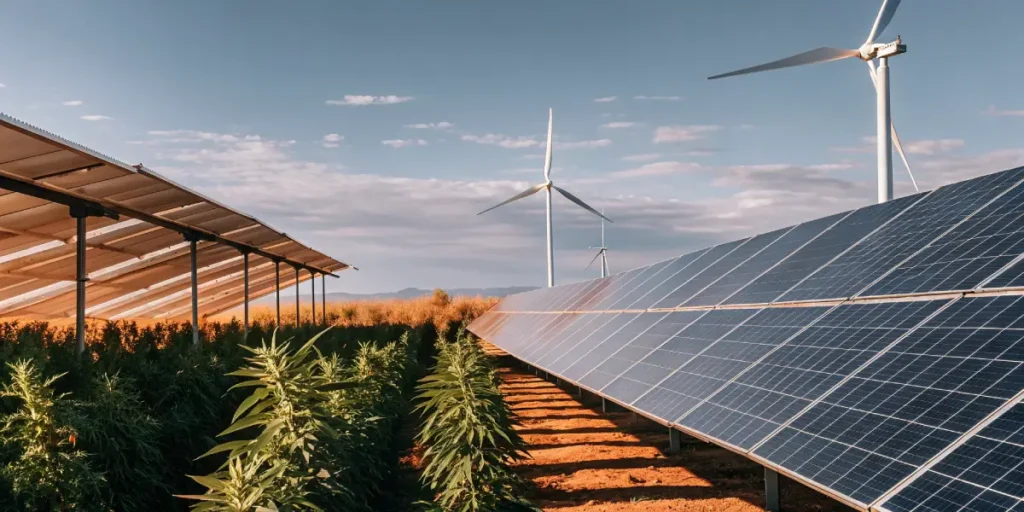 Cannabis plants growing beneath large solar panels and wind turbines in a sustainable energy-powered farm.