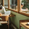 A small cannabis plant placed near a window inside a cozy coffee shop where people work on laptops.