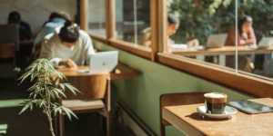 A small cannabis plant placed near a window inside a cozy coffee shop where people work on laptops.