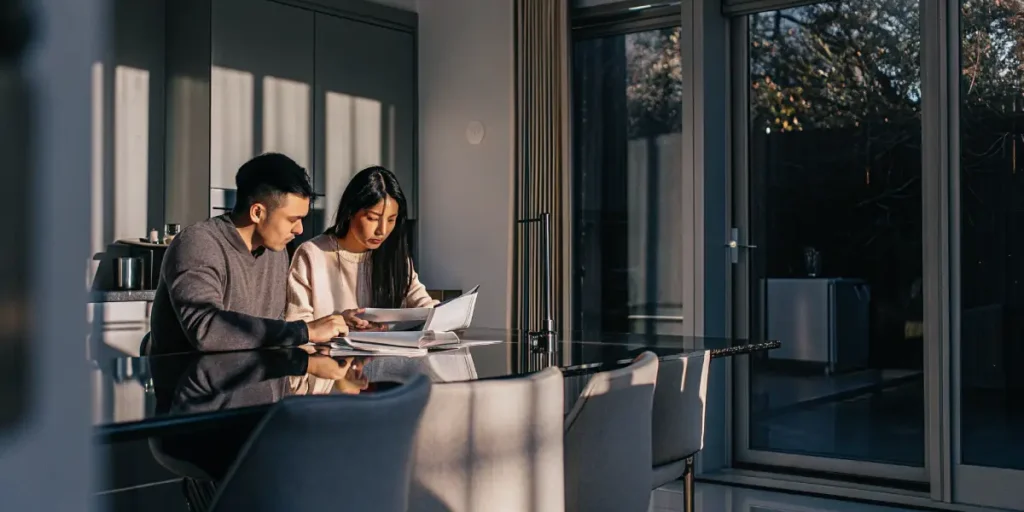 A couple sitting at a modern dining table reviewing documents together in soft evening light.