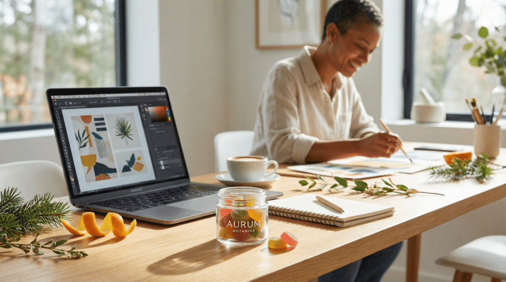 Creative-workspace-cannabis-gummies-lifestyle with jar on desk, laptop open, and person sketching in natural light.