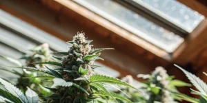 Close-up of a dense, frosty cannabis cola developing under natural sunlight in a greenhouse.
