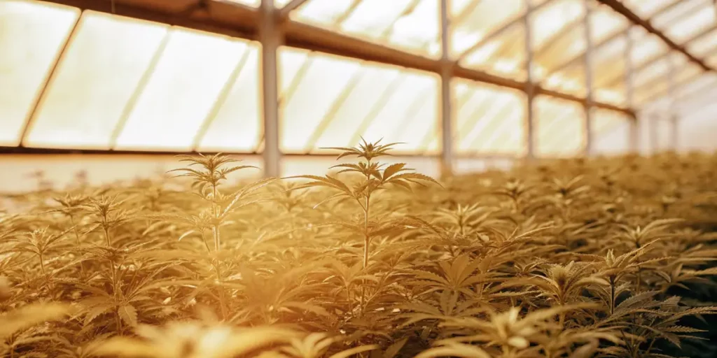 Dense mint cannabis plants filling a greenhouse bathed in warm golden sunlight
