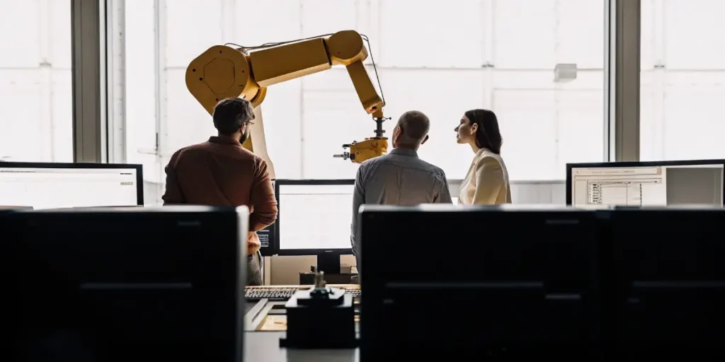 Engineers reviewing a robotic arm system in a modern tech lab with large monitors.