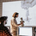 Engineers and researchers working with advanced robotics equipment inside a modern laboratory.