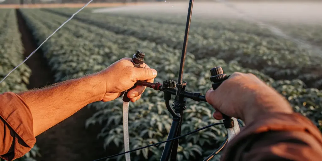 Close-up of a farmer adjusting a drip irrigation system in a crop field