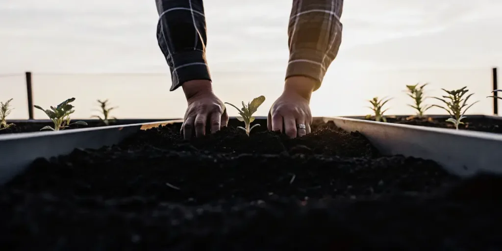 Farmer’s hands planting a small seedling into dark soil during sunset in a raised garden bed.