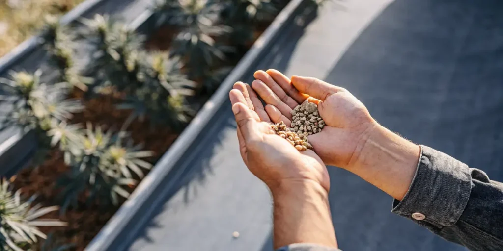 Hands holding cannabis seeds above outdoor grow beds with young cannabis plants