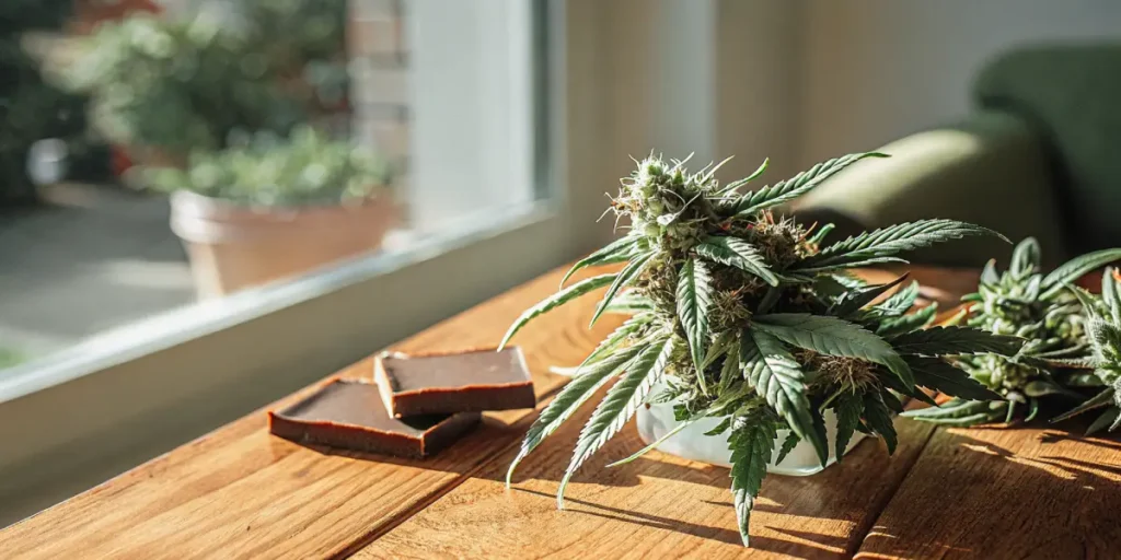 Fresh cannabis bud displayed on a wooden table indoors with natural sunlight coming through a window.