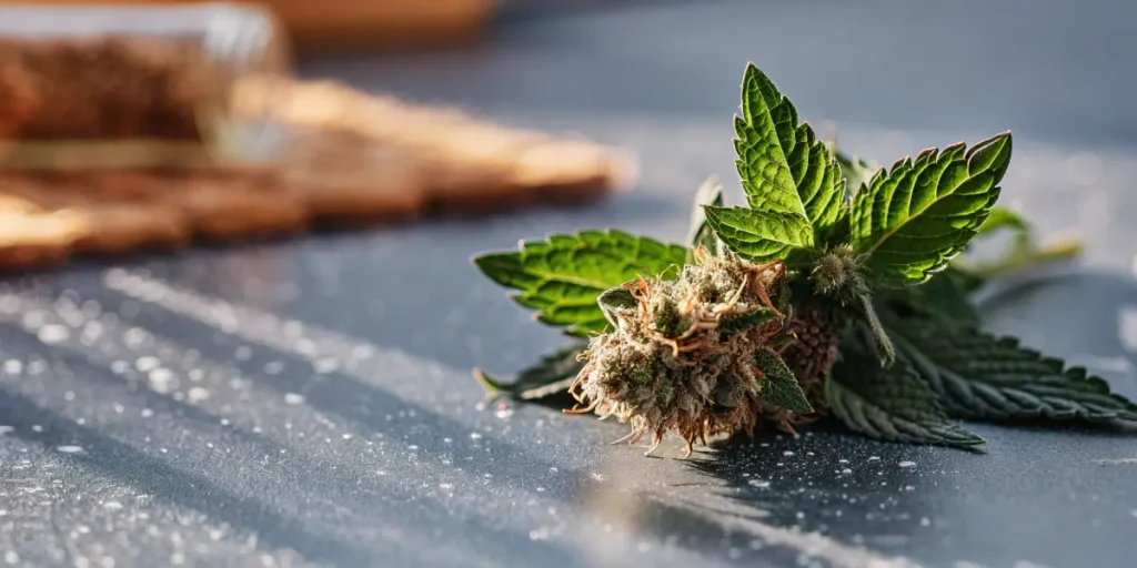 Close-up of a fresh cannabis bud surrounded by vibrant green leaves under natural light.