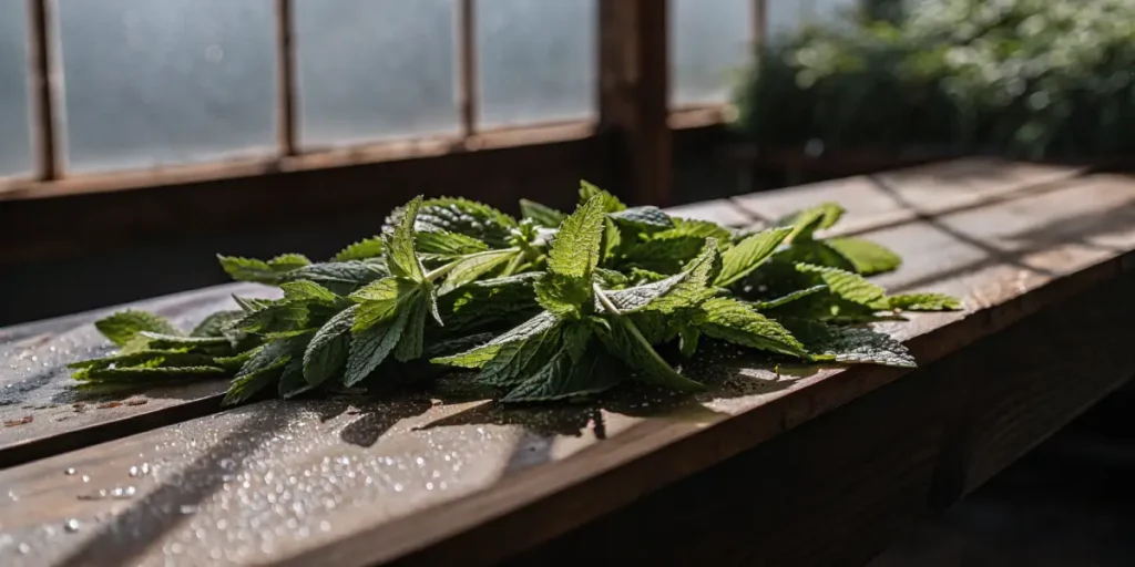 Freshly harvested mint leaves resting on a wooden bench inside a sunlit greenhouse