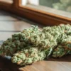 Fresh mint cannabis buds resting on a wooden table near a window, showing dense structure and frosty trichomes.