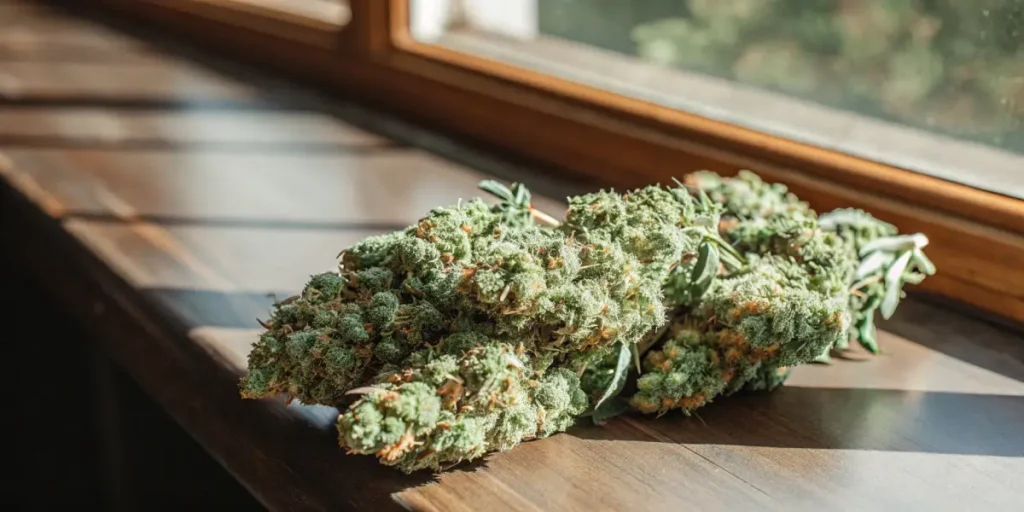 Fresh mint cannabis buds resting on a wooden table near a window, showing dense structure and frosty trichomes.
